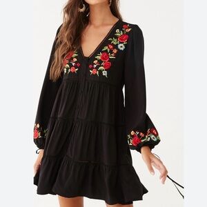 Forever 21 Black Tiered Ladder Lace Embroidered Balloon Sleeve Dress